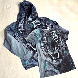 Youth 3D Graphic Printed T-shirt & Hoodie Set, Tiger, Grey/Black/Green, Sz XL